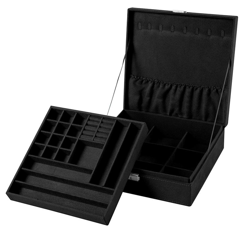 Sodynee Two-Layer Lint Jewelry Box Organizer Display Storage Case with Lock, Black - Image 1